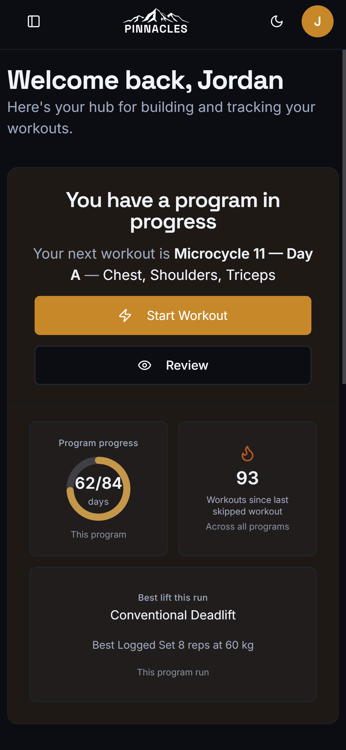 Pinnacles dashboard showing program progress, workout streak, and estimated one-rep max